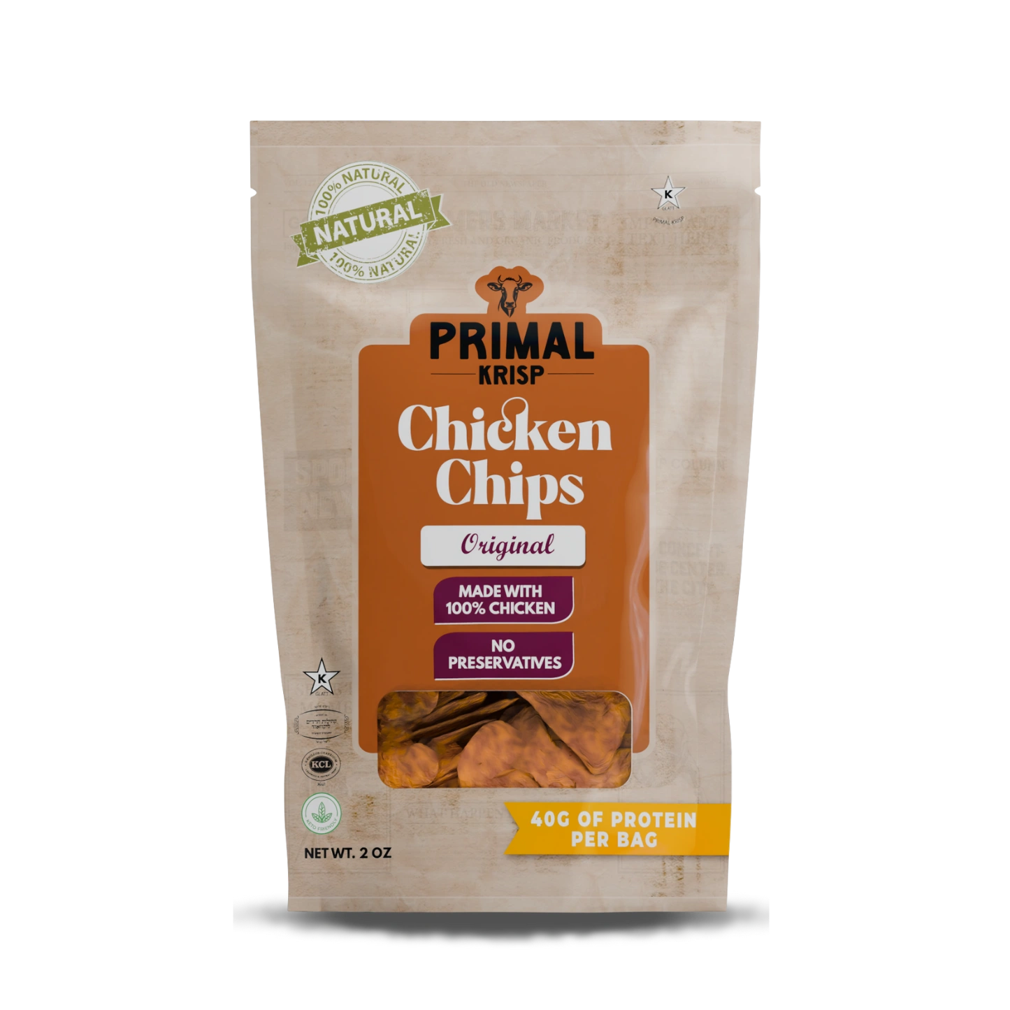 Package of Primal Krisp Chicken Chips on a white background