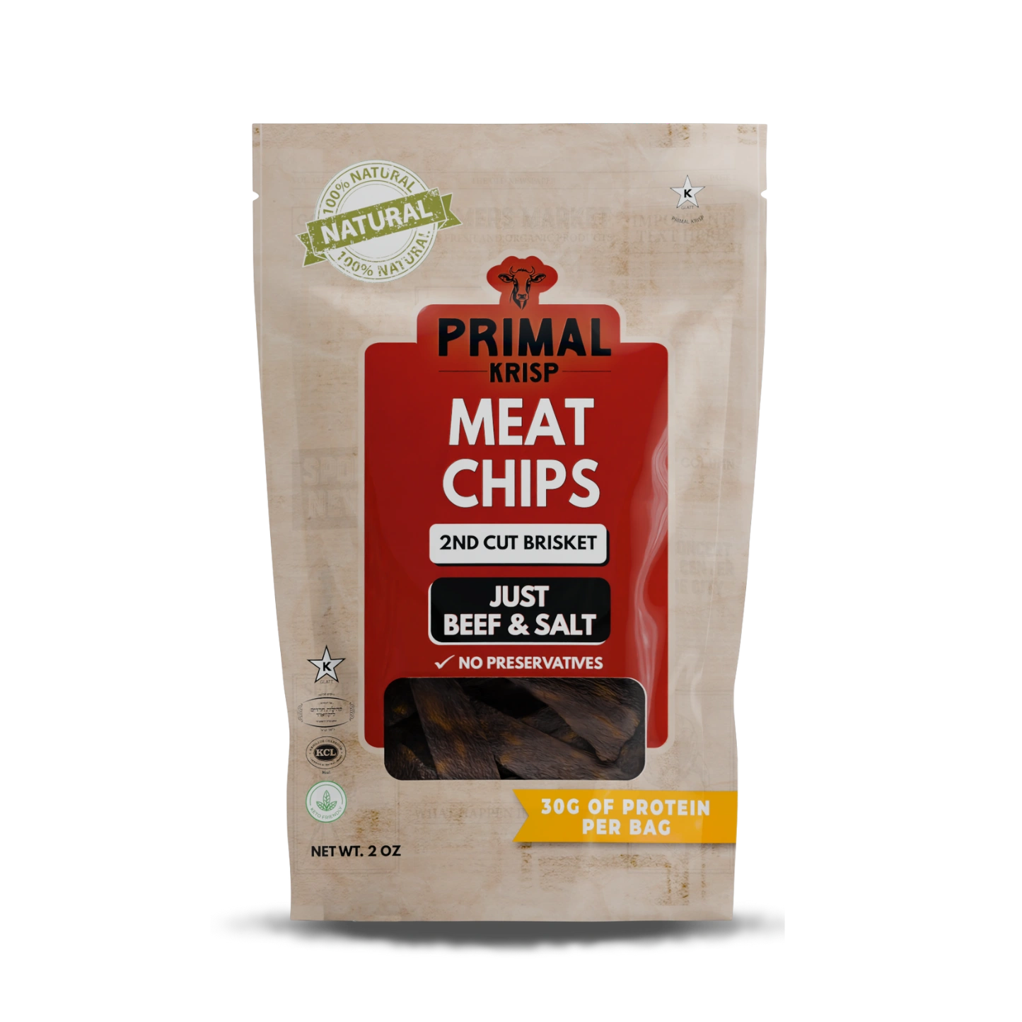 Primal Krisp Meat Chips packaging on a white background