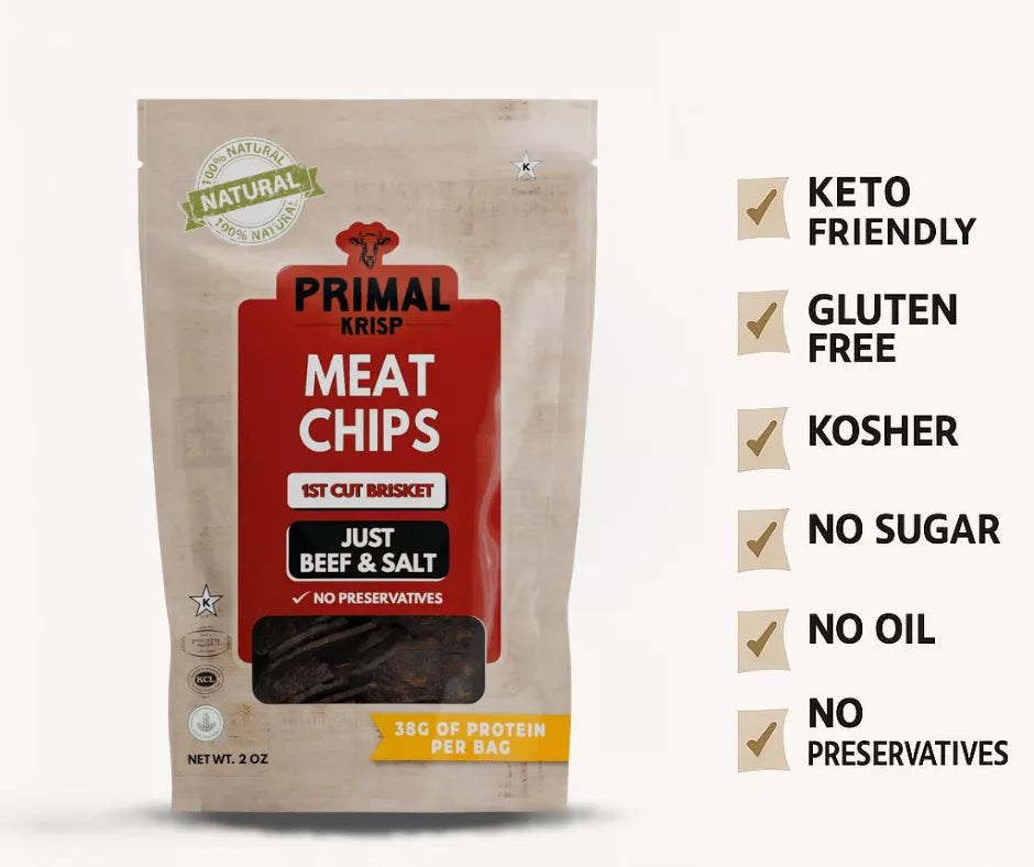 Primal Krisp meat chips packaging with nutritional information and certification icons on a white background