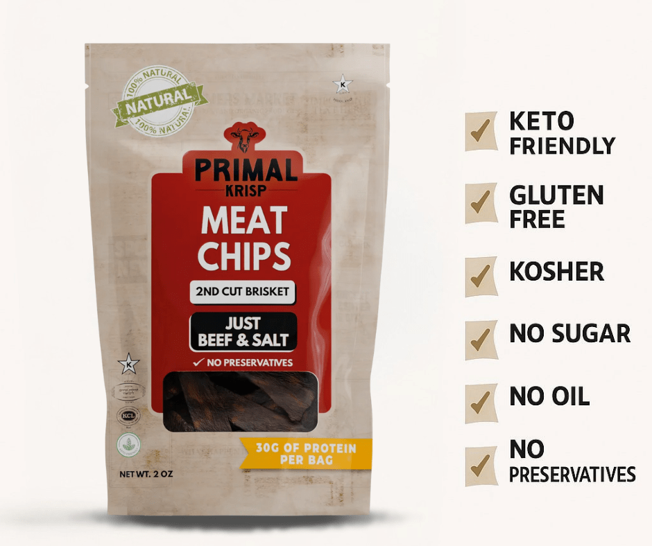 Primal Krisp Meat Chips packaging with certification icons on a white background