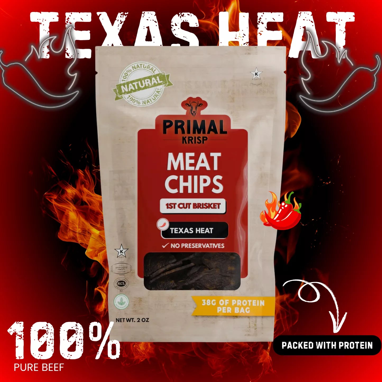 Primal Krisp Meat Chips packaging with 'Texas Heat' flavor on a fiery background