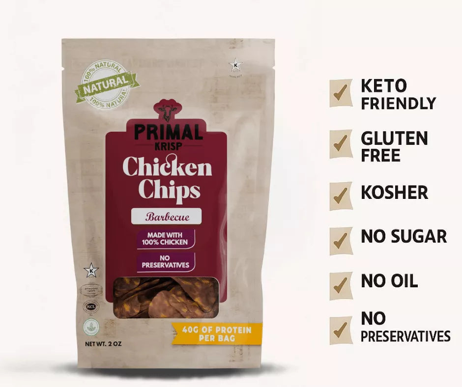 Bag of Primal Krisp Chicken Chips with nutritional and dietary information on a white background