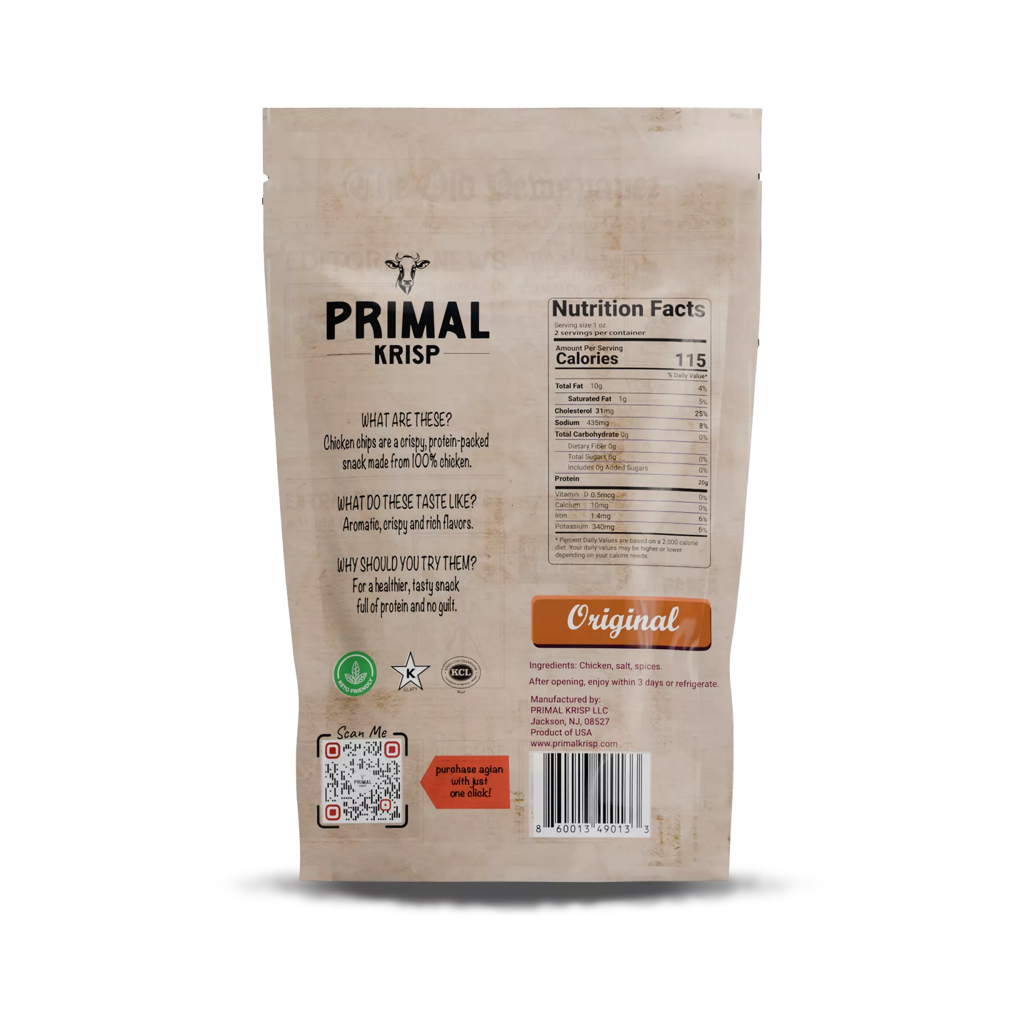 Primal Krisp packaging with nutrition facts and branding on a white background