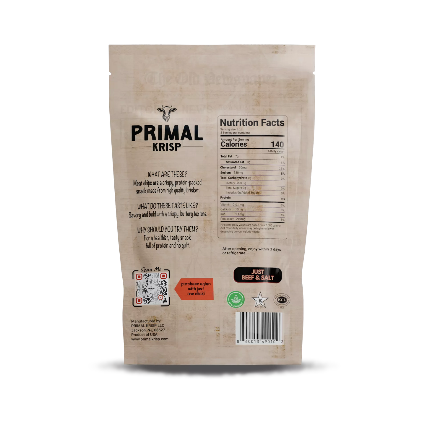 Primal Krisp packaging with nutrition facts and branding on a white background