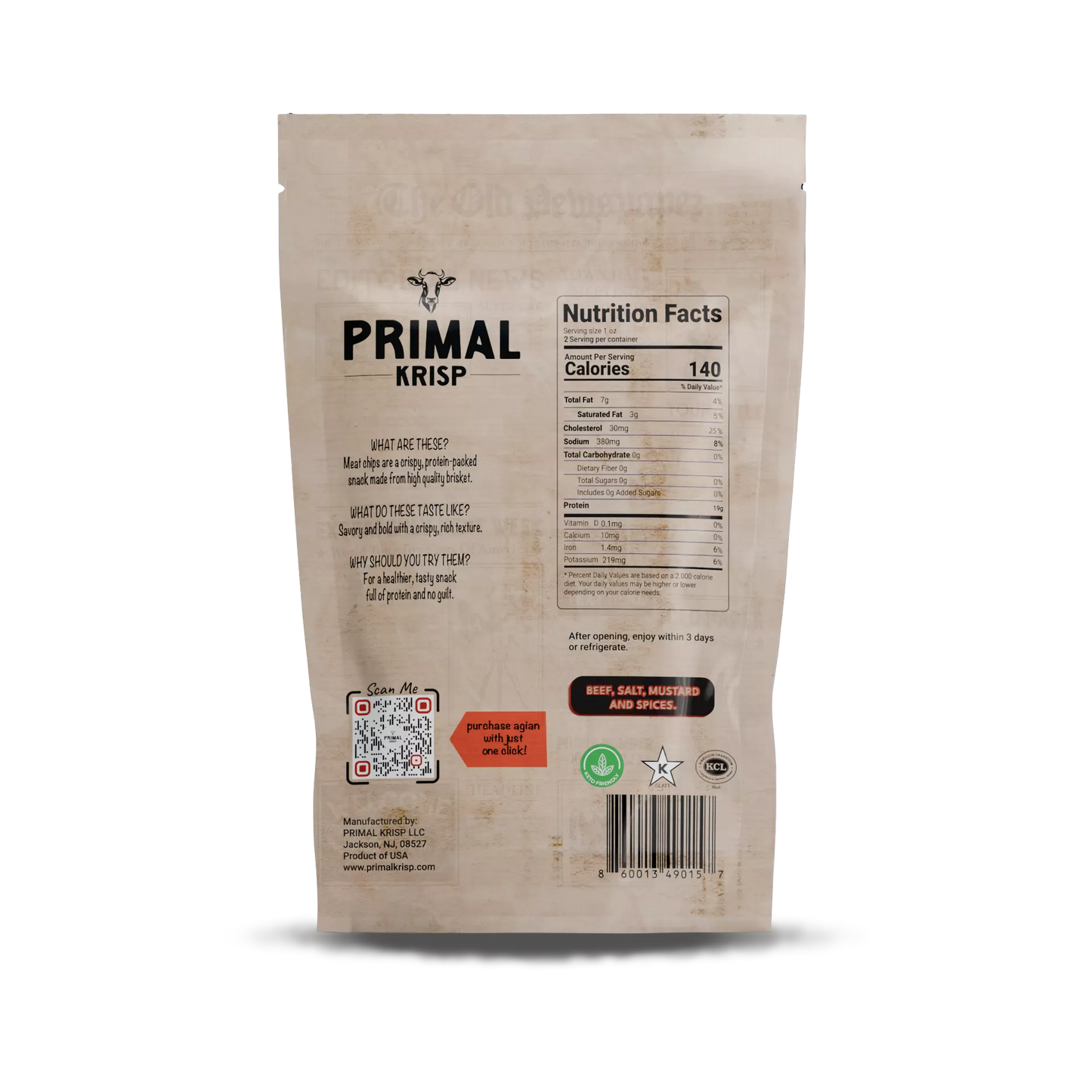 Primal Krisp packaging with nutrition facts label on a white background