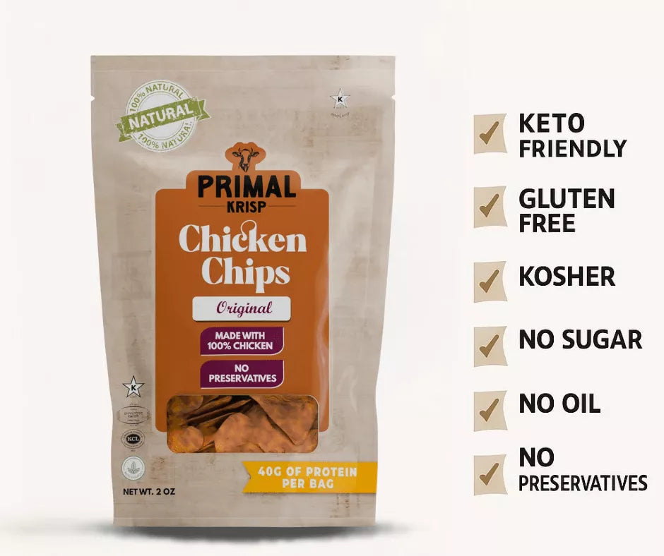 Primal Krisp Chicken Chips packaging with nutritional and dietary information on a white background