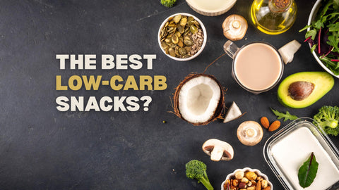 Low-carb snacks including coconut, avocado, seeds, and nuts.