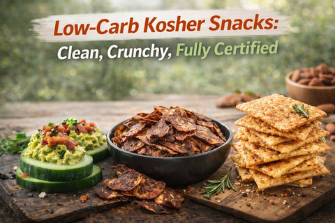 Low-carb Kosher snacks including meat chips and guacamole on cucumber.