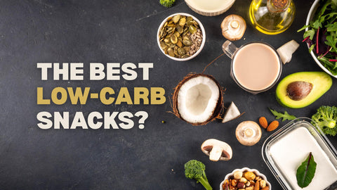 The best low-carb snacks including avocado, coconut, and mushrooms laid out on a table.