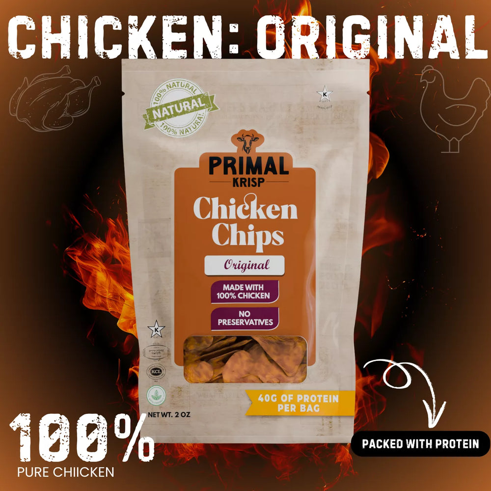 Primal Krisp Chicken Chips packaging with fire effects on a dark background
