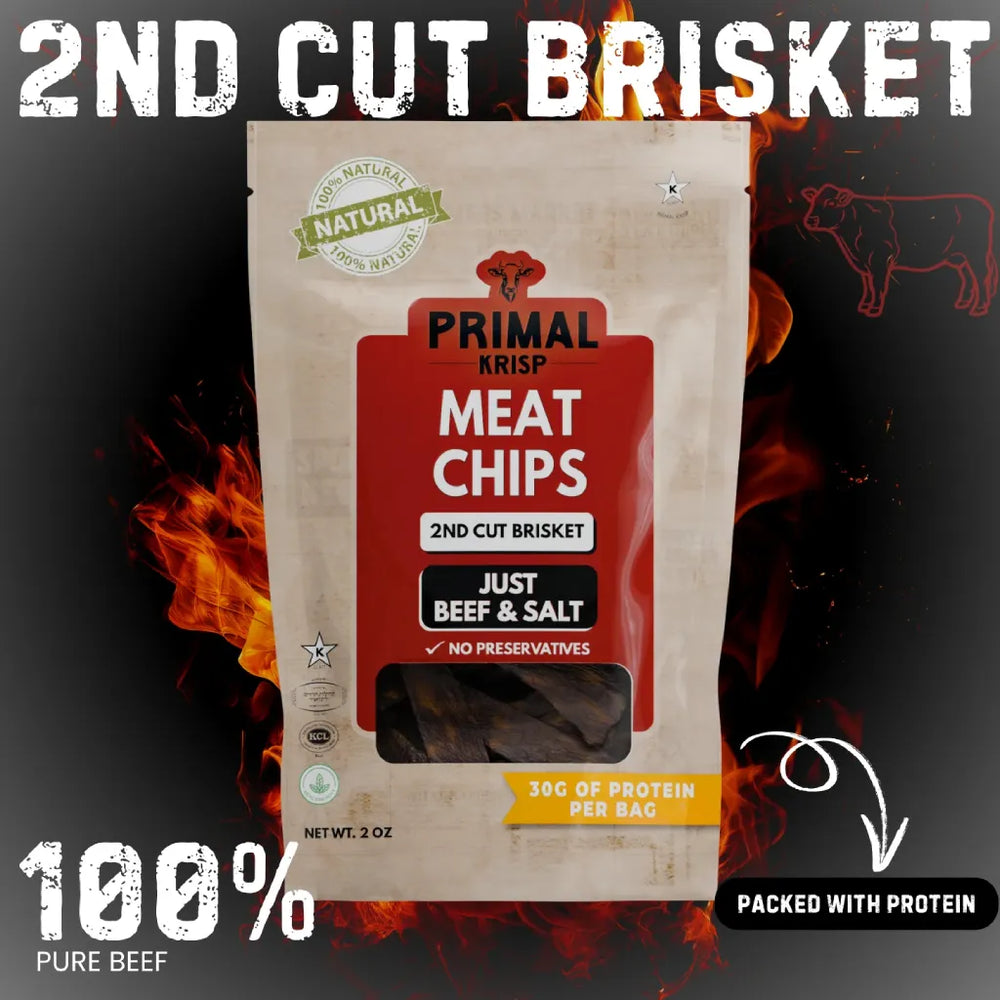 Primal Krisp Meat Chips packaging with flames in the background