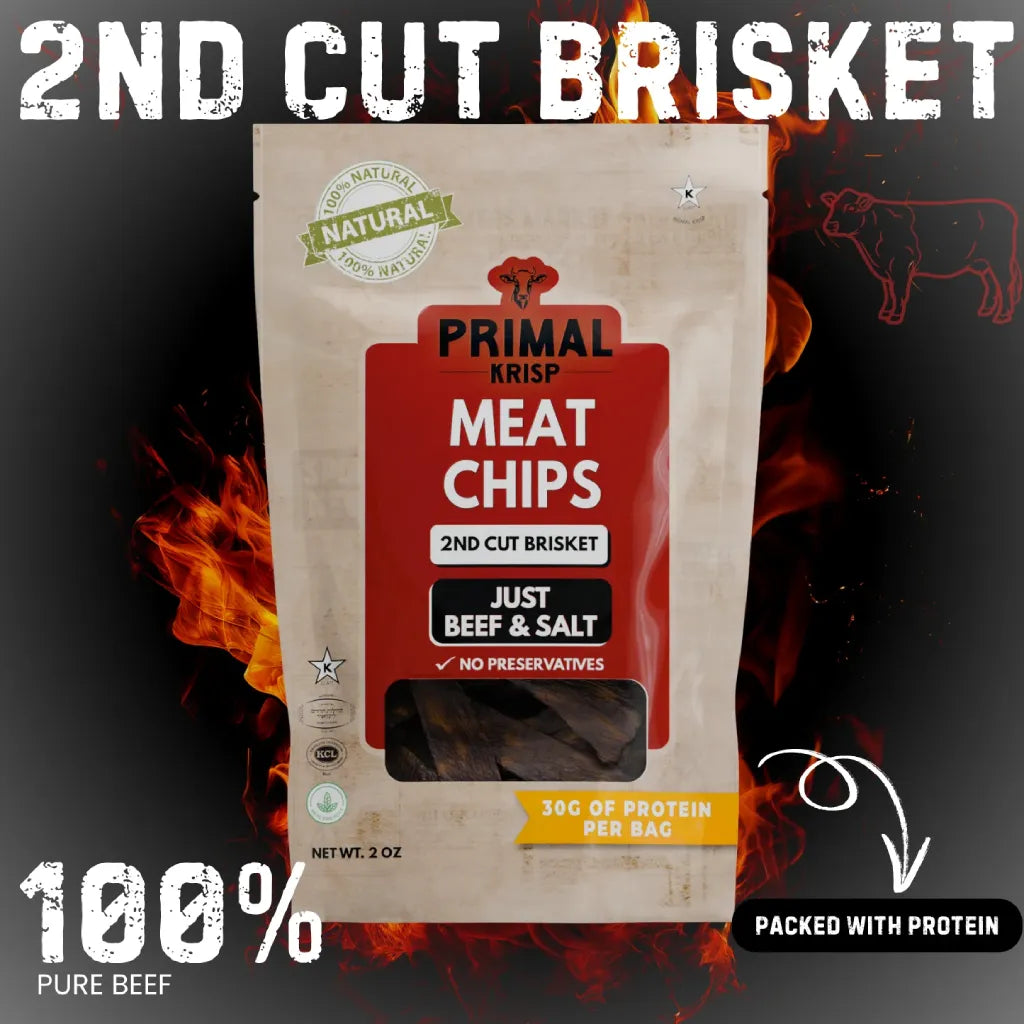 Primal Krisp Meat Chips packaging with flames in the background