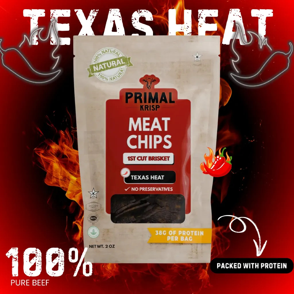 Primal Krisp Meat Chips packaging with 'Texas Heat' flavor on a fiery background