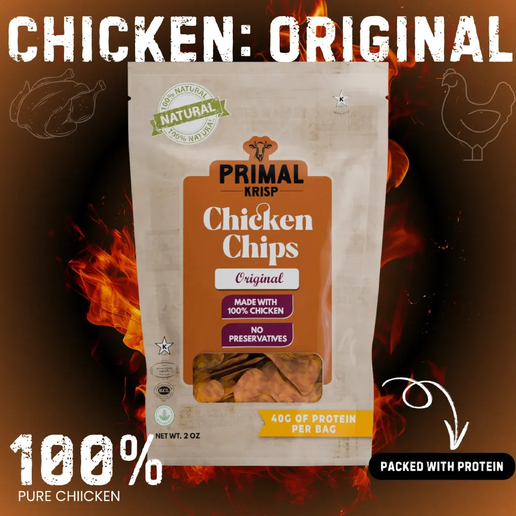 Primal Krisp Chicken Chips packaging with fire effects on a dark background