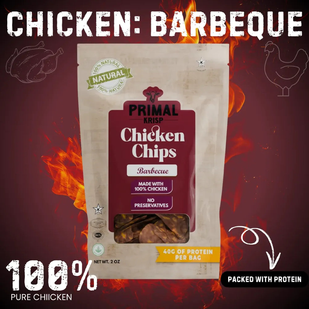Primal Chicken Chips Barbeque package with fire design elements on a red background