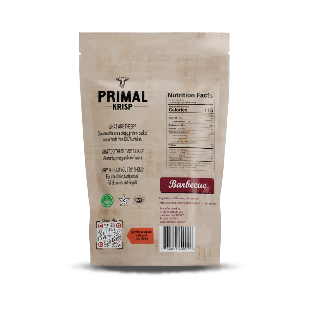 
                  
                    Primal Krisp barbecue flavor package with nutritional information on a white background
                  
                