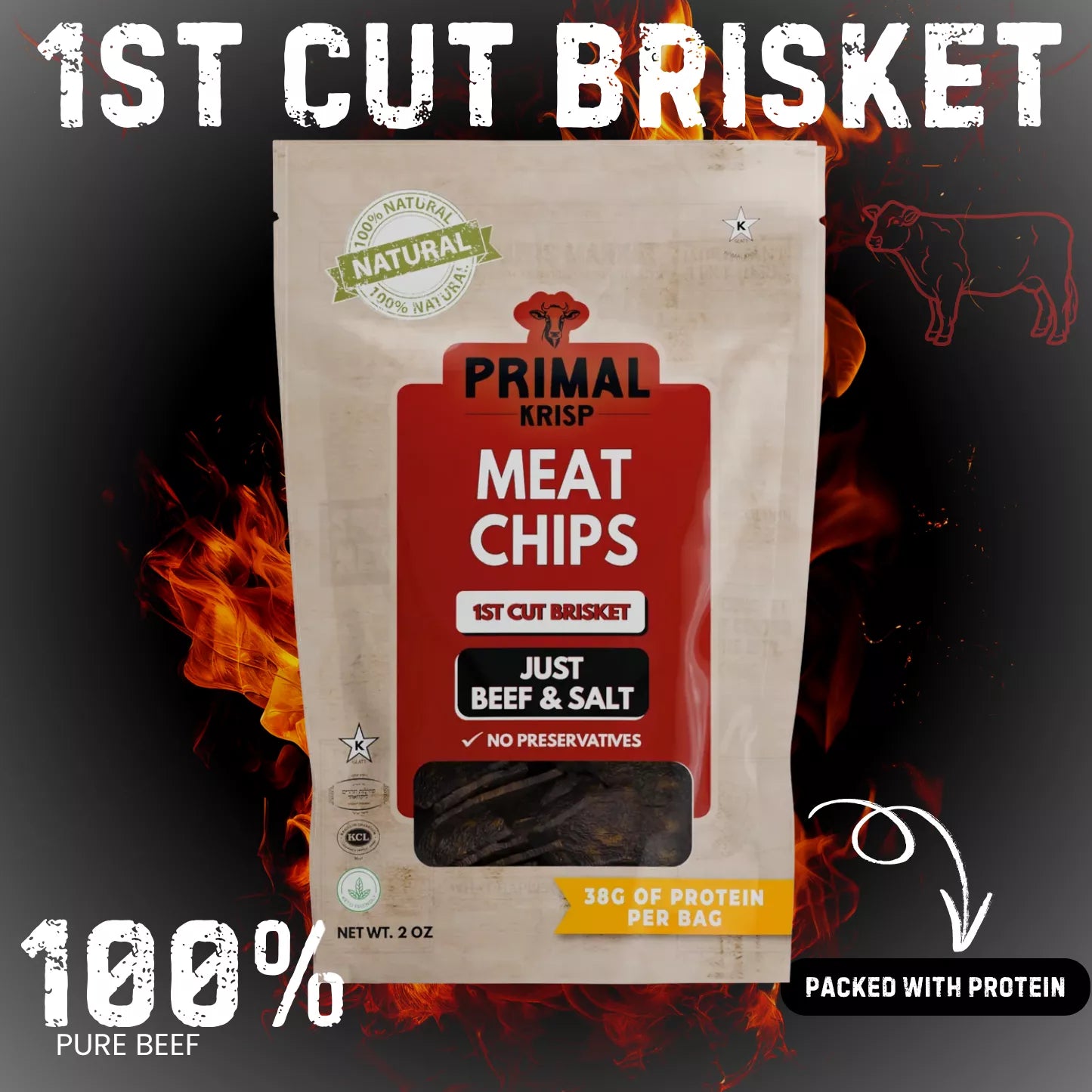 Primal Krisp Meat Chips packaging with flames in the background