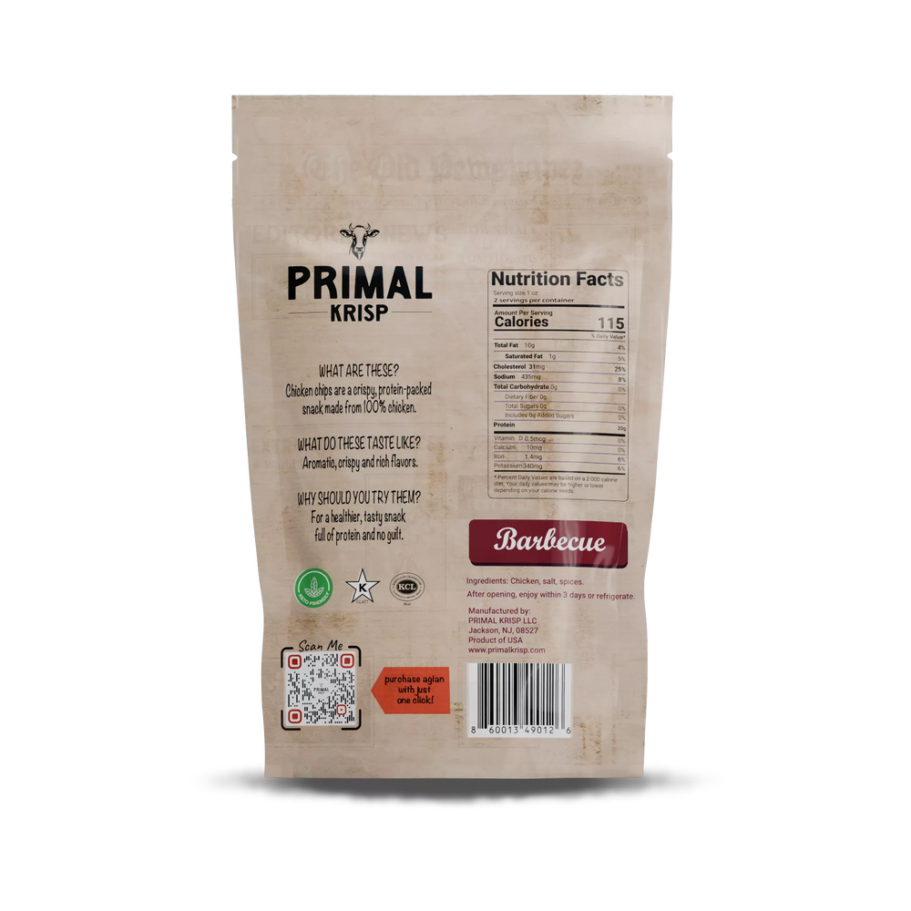 
                  
                    Primal Krisp barbecue flavor package with nutritional information on a white background
                  
                