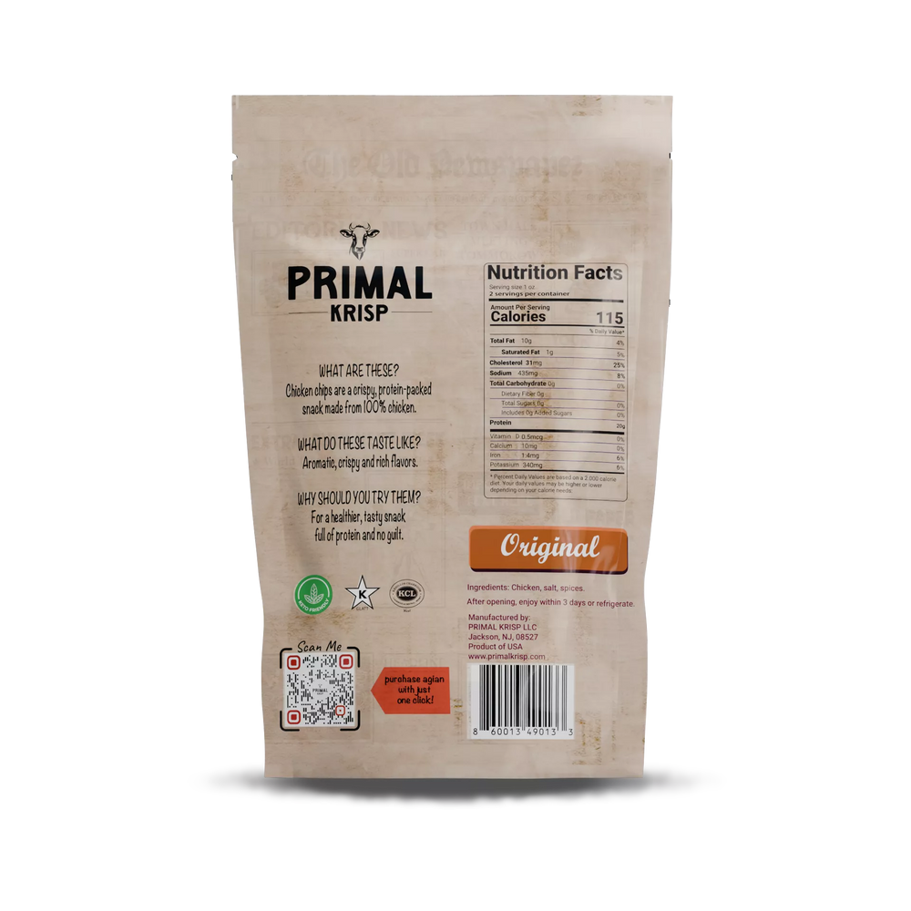 
                  
                    Primal Krisp packaging with nutrition facts and branding on a white background
                  
                