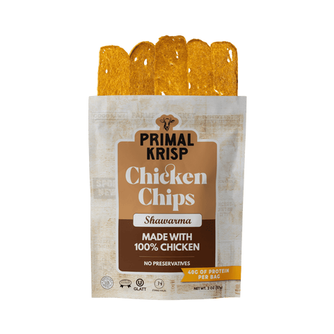 Primal Krisp Shawarma Chicken Chips, 2 oz bag made with 100% chicken, with shawarma-seasoned chips above it