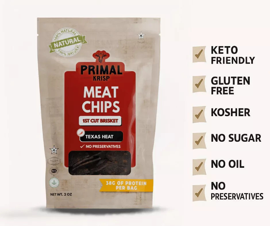 
                  
                    Primal Krisp Meat Chips packaging with features listed on a white background
                  
                